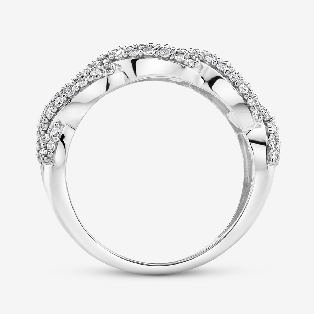 Keemti Jewels STATEMENT Link Eternity Ring: two sparkling stone rows in a modern braided design on white.