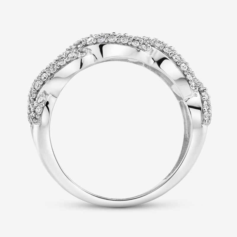 Keemti Jewels STATEMENT Link Eternity Ring: two sparkling stone rows in a modern braided design on white.