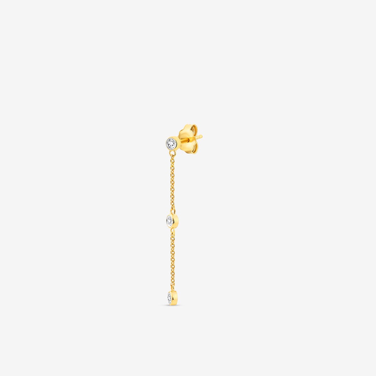 Keemti Jewels TRIO Trail Dangler Earrings feature a gold linear chain with three bezel-set diamonds on white background.