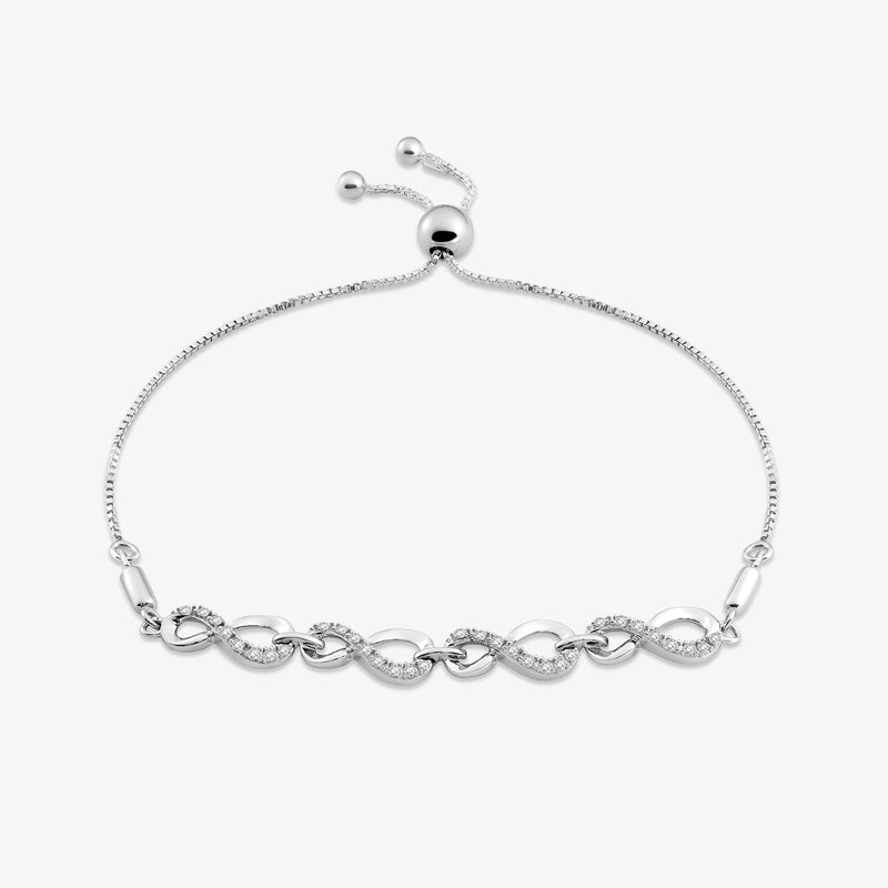 Infinity link bolo bracelet in silver-tone with pave-style stones and round slider charm