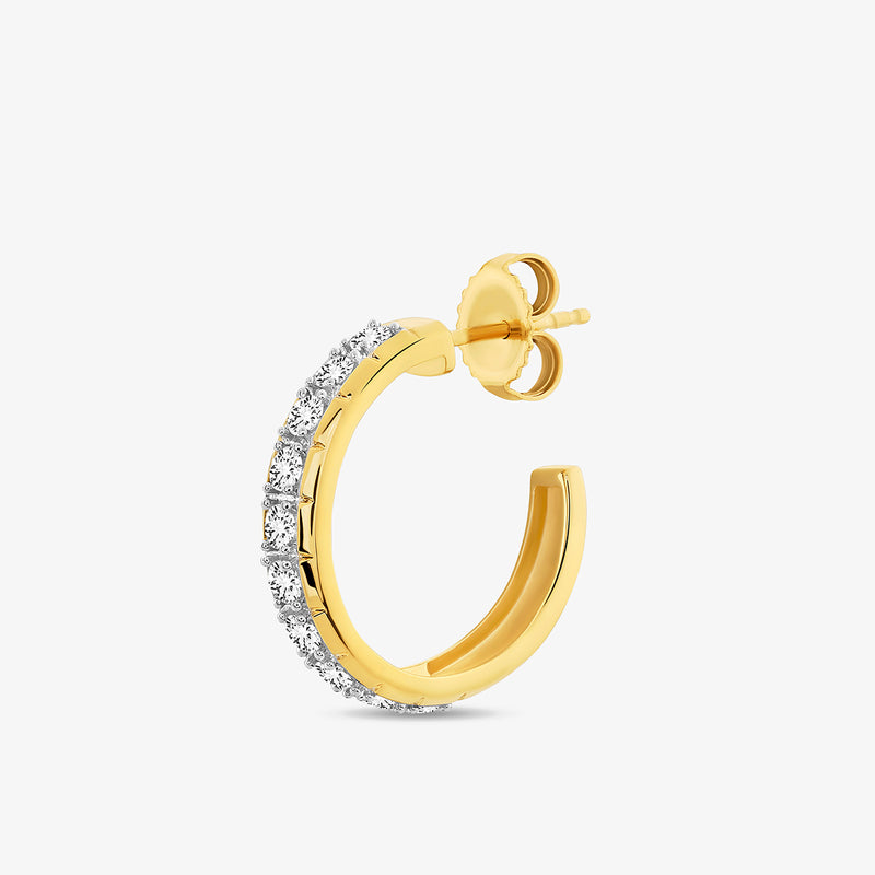 The CLASSIC Curve Hoop EARRING by Keemti Jewels is shown against a white background, featuring a single gold huggie hoop with a post and butterfly back and a row of sparkling round diamonds along the outer edge.
