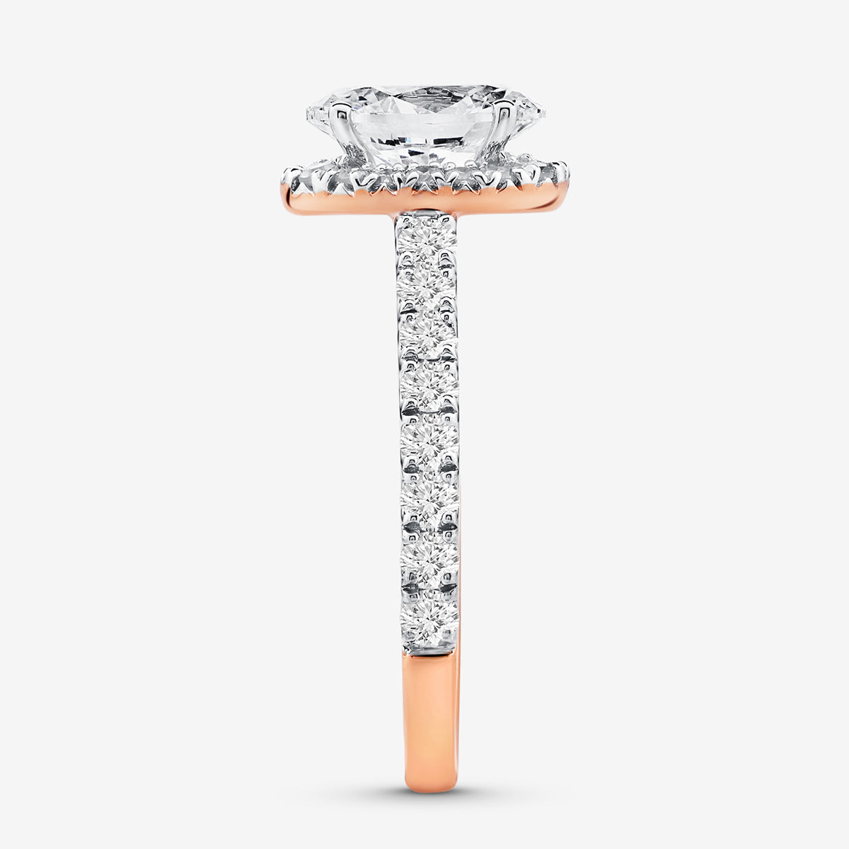 Side view of Keemti Jewels CLASSIC Oval Mount Solitaire ring in rose gold with diamonds on band, on white background.