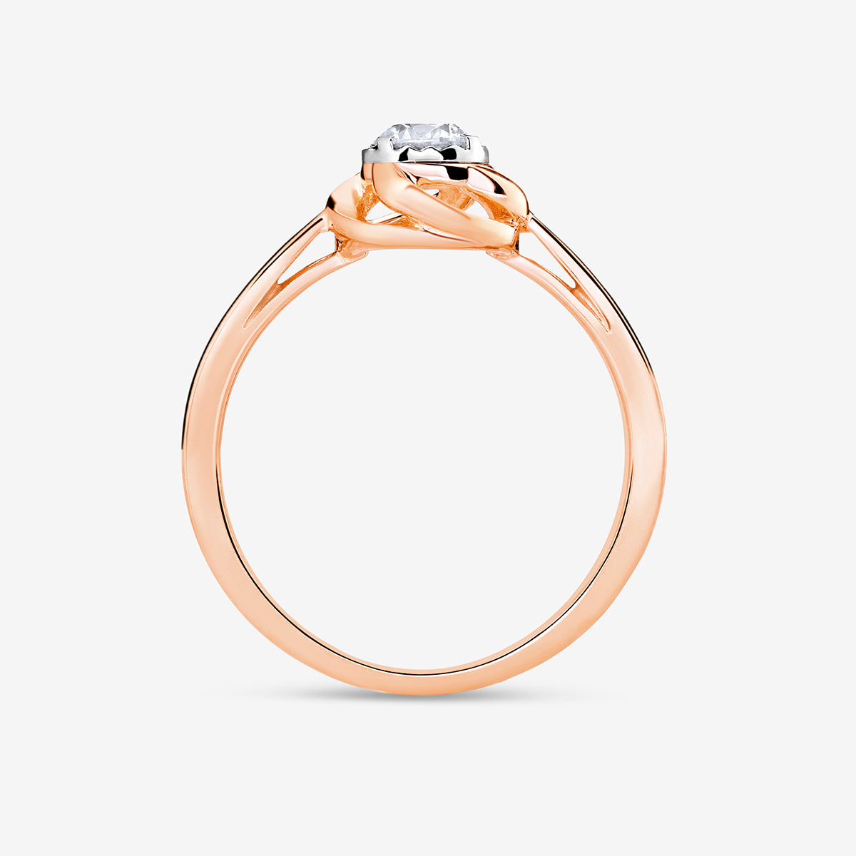 Keemti Jewels PROMISE Halo Solitaire RING: rose gold twisted band, round center diamond in white gold prong, side view.