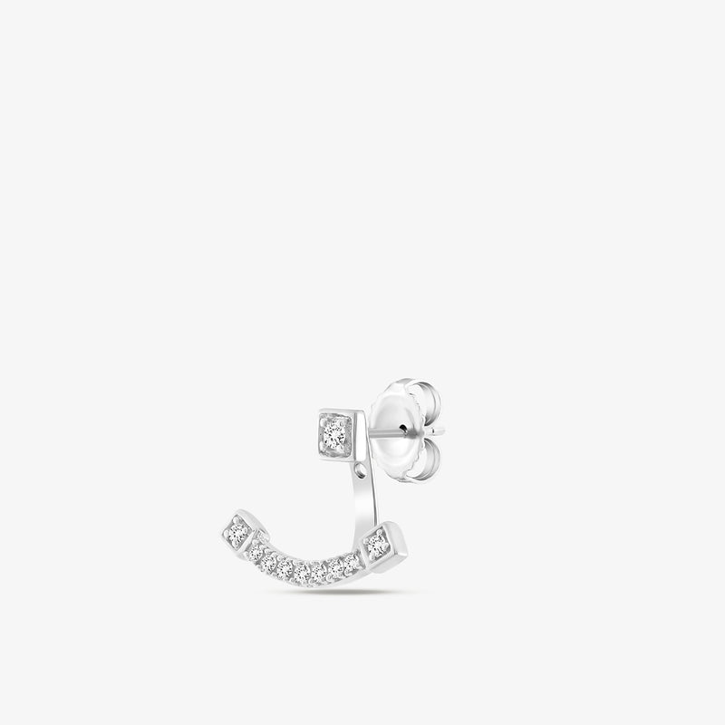 Keemti Jewels ELEGANZA Ear JACKETS: single silver arc earring with a row of sparkling diamonds on white background.