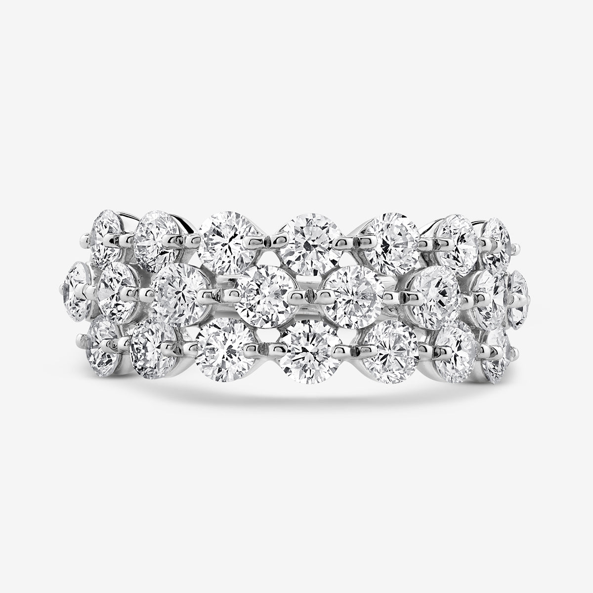 The RADIANT Bloom Mesh BAND by Keemti Jewels is a white gold ring with three rows of sparkling round diamonds.