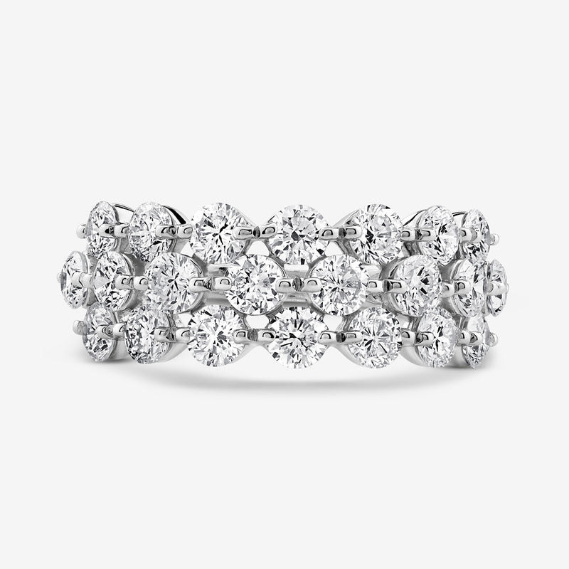 The RADIANT Bloom Mesh BAND by Keemti Jewels is a white gold ring with three rows of sparkling round diamonds.