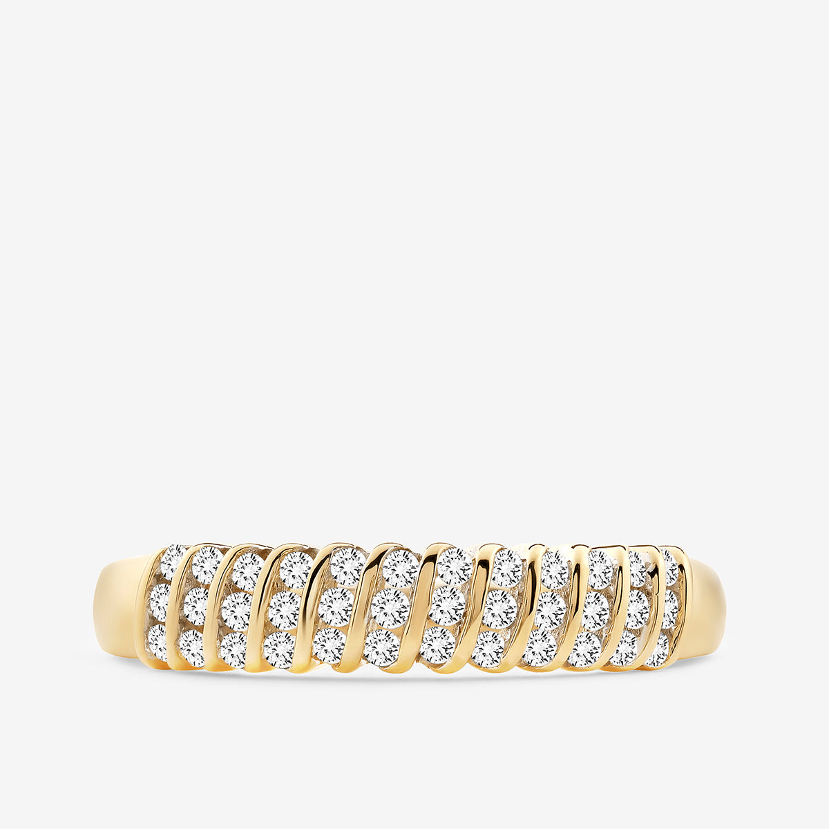 Groove band ring with alternating white stones and gold-toned ridged segments
