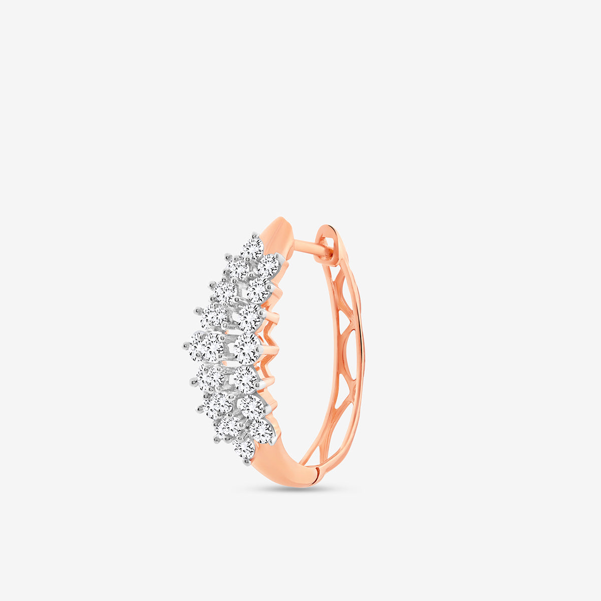 The AURORA Grid Huggie Earrings by Keemti Jewels feature rose gold hoops with clustered white diamonds and a delicate side lattice, highlighting modern elegance against a plain white background.