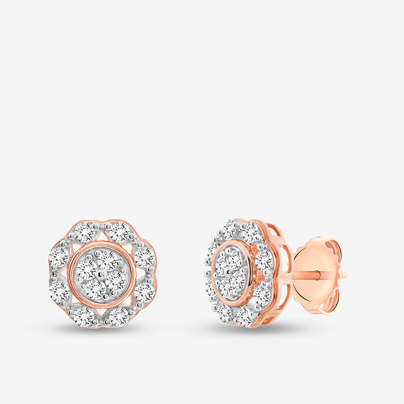 Keemti Jewels SOFT Blossom Cluster Stud Earrings feature a floral design with a scalloped diamond halo for timeless charm.
