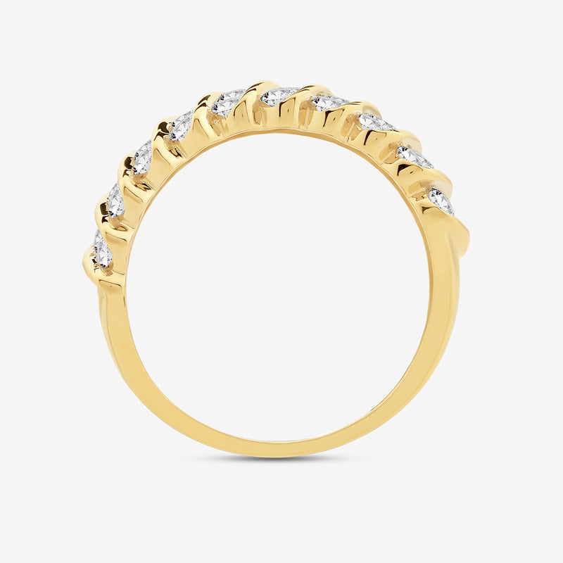 Spiral eternity ring front view: gold bezel rows with small round clear stones