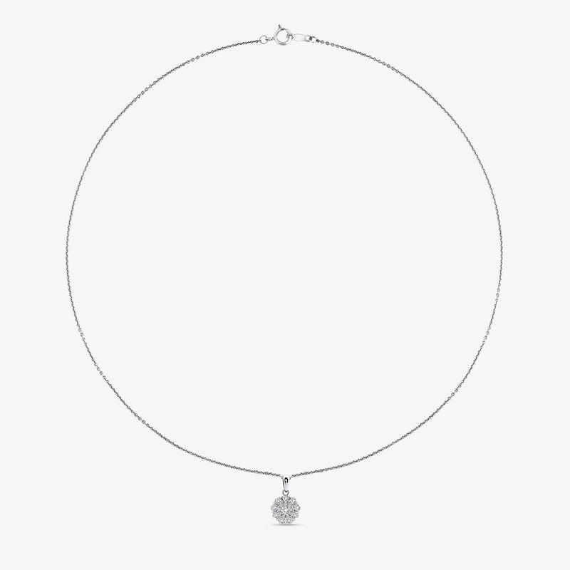 Daisy Glow Diamond necklace chain with small daisy pendant, round center, silver