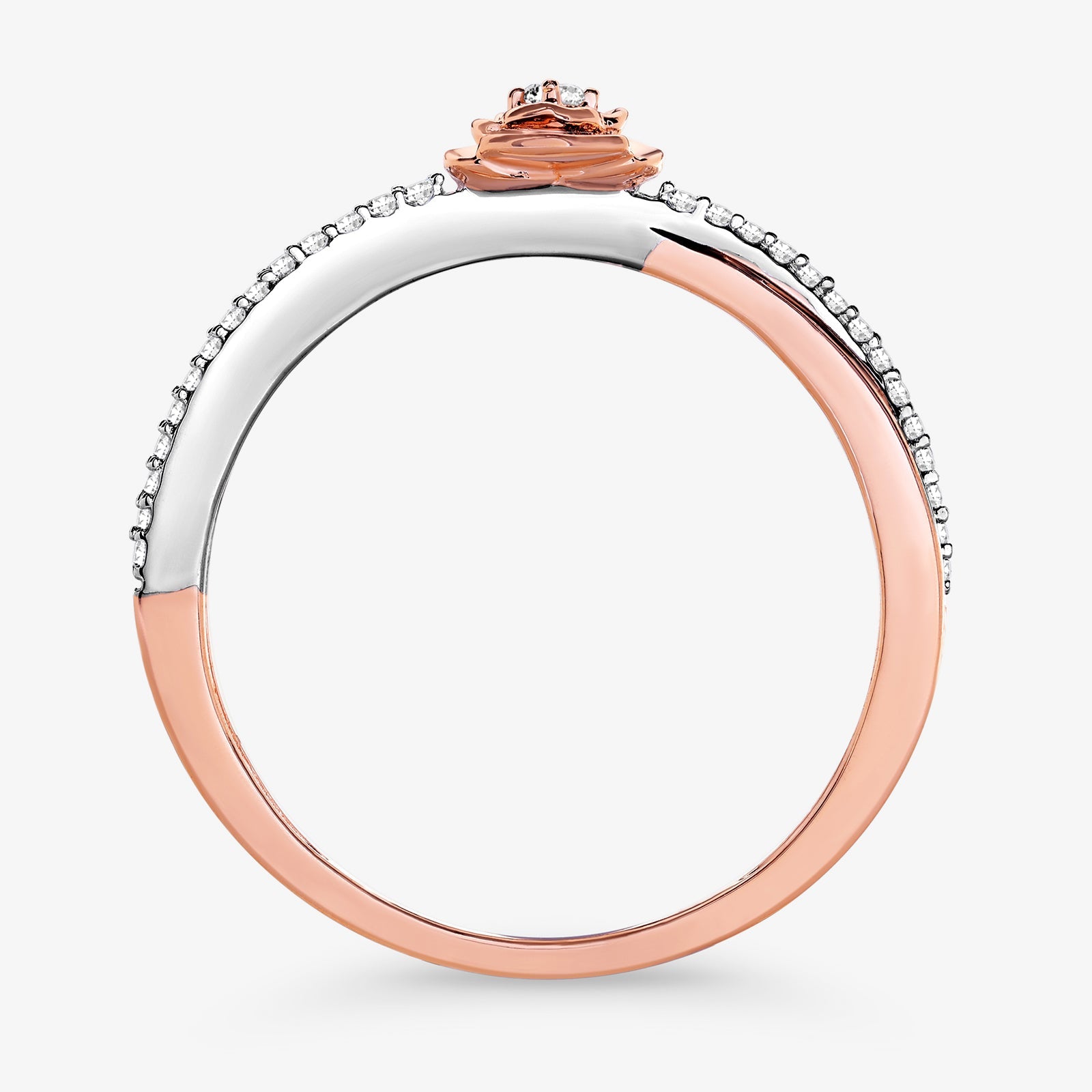 Rose-gold and silver Blush Promise ring, split band with pavé edge and flower top