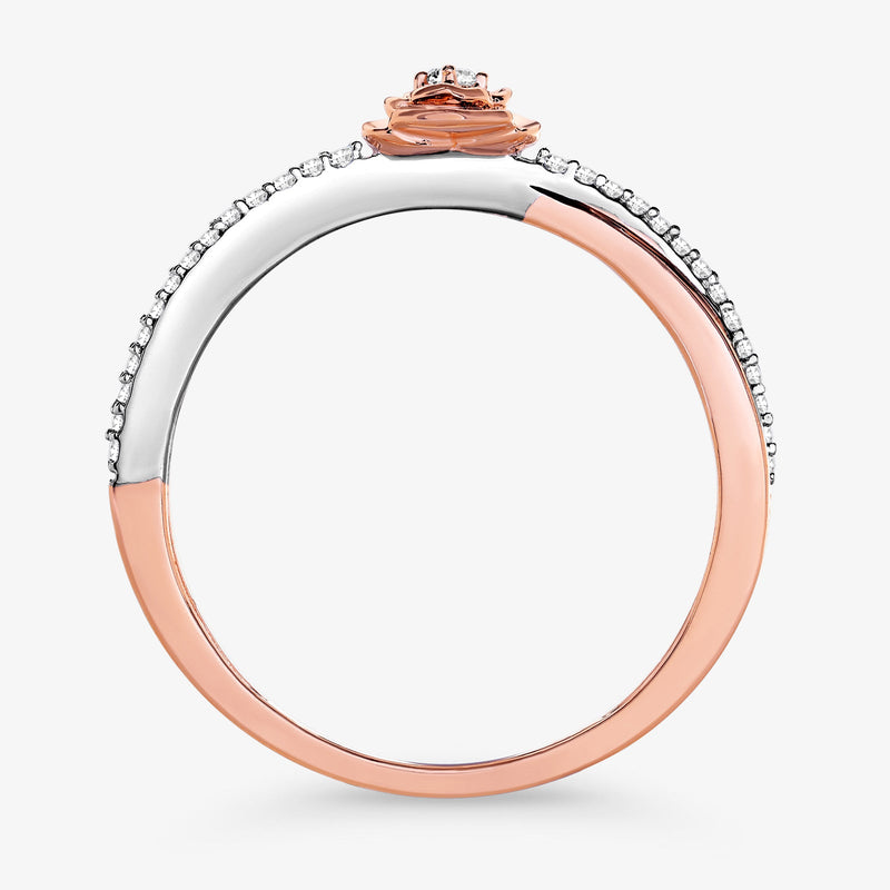 Rose-gold and silver Blush Promise ring, split band with pavé edge and flower top