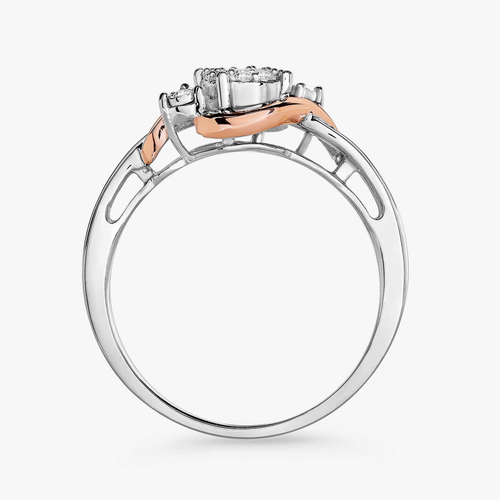 Two-tone Accent Ring, side view: raised crown with pavé stones on silver band