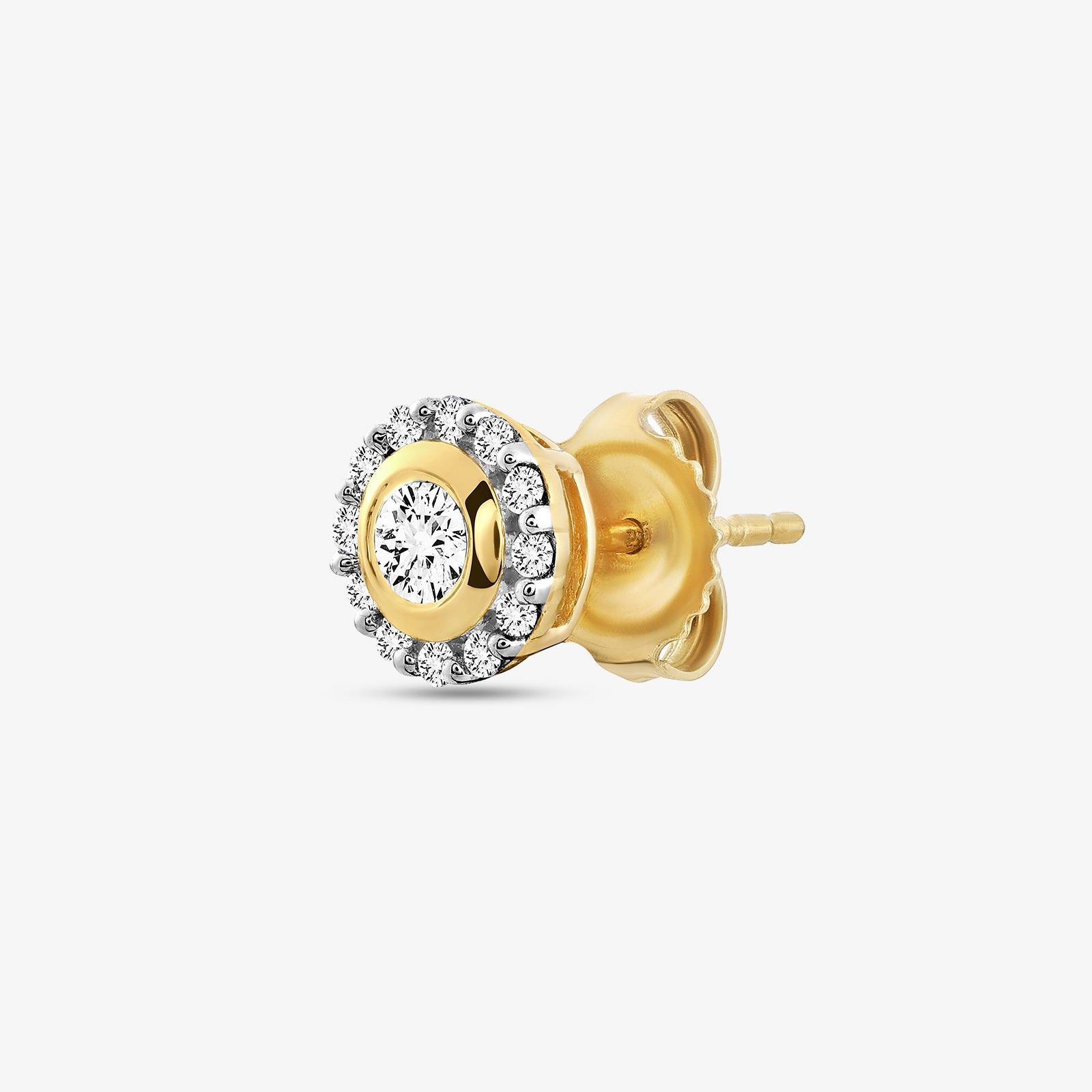 Petite stud earrings, side view: gold back, silver halo, round clear gemstone
