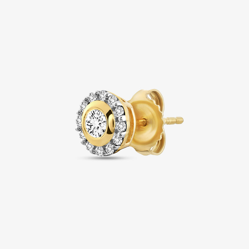 Petite stud earrings, side view: gold back, silver halo, round clear gemstone