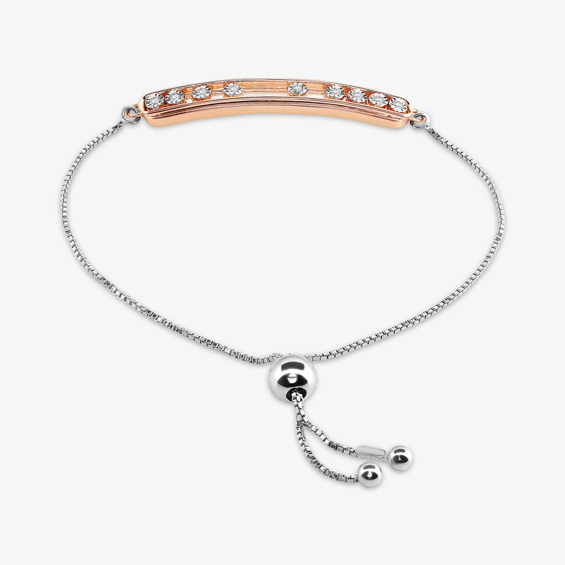 Spark Bolo bracelet with silver dangles and rose-gold crystal bar centerpiece