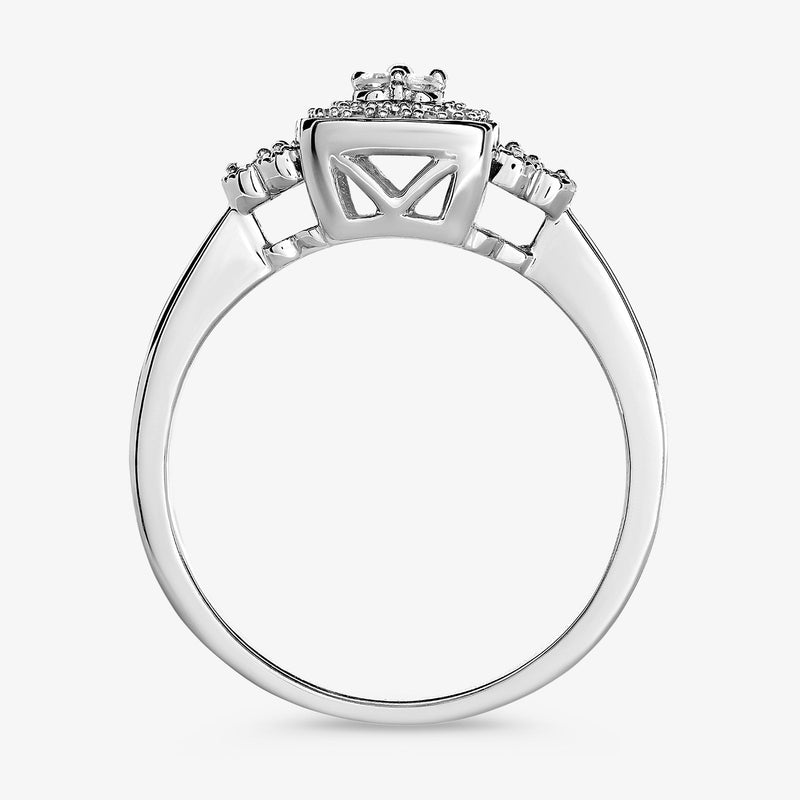 Cushion cluster diamond ring, silver band with raised square top and side stones