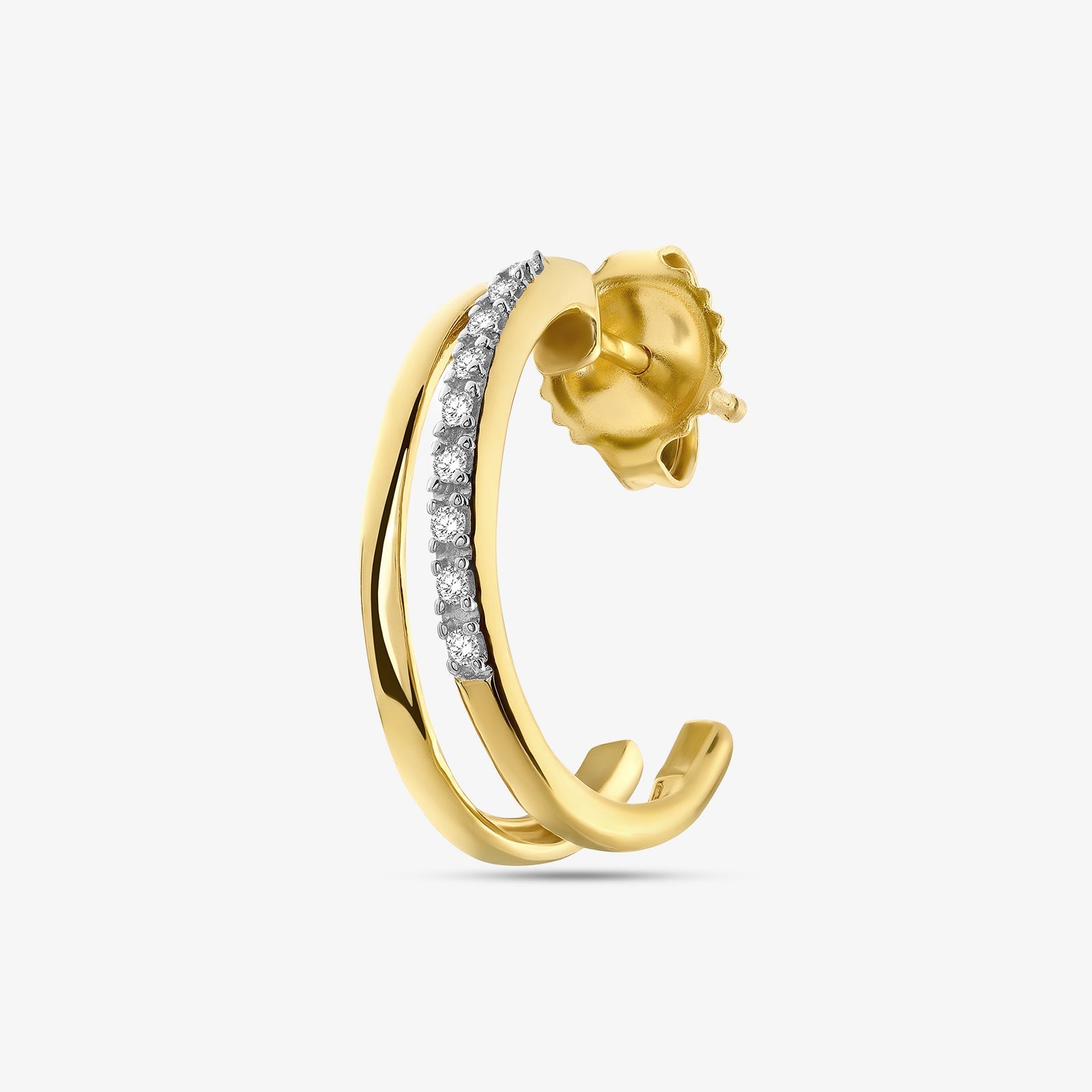 Goldene Halb-Creolen mit silbernem Zirkonia-Pavé, Detailansicht von vorn