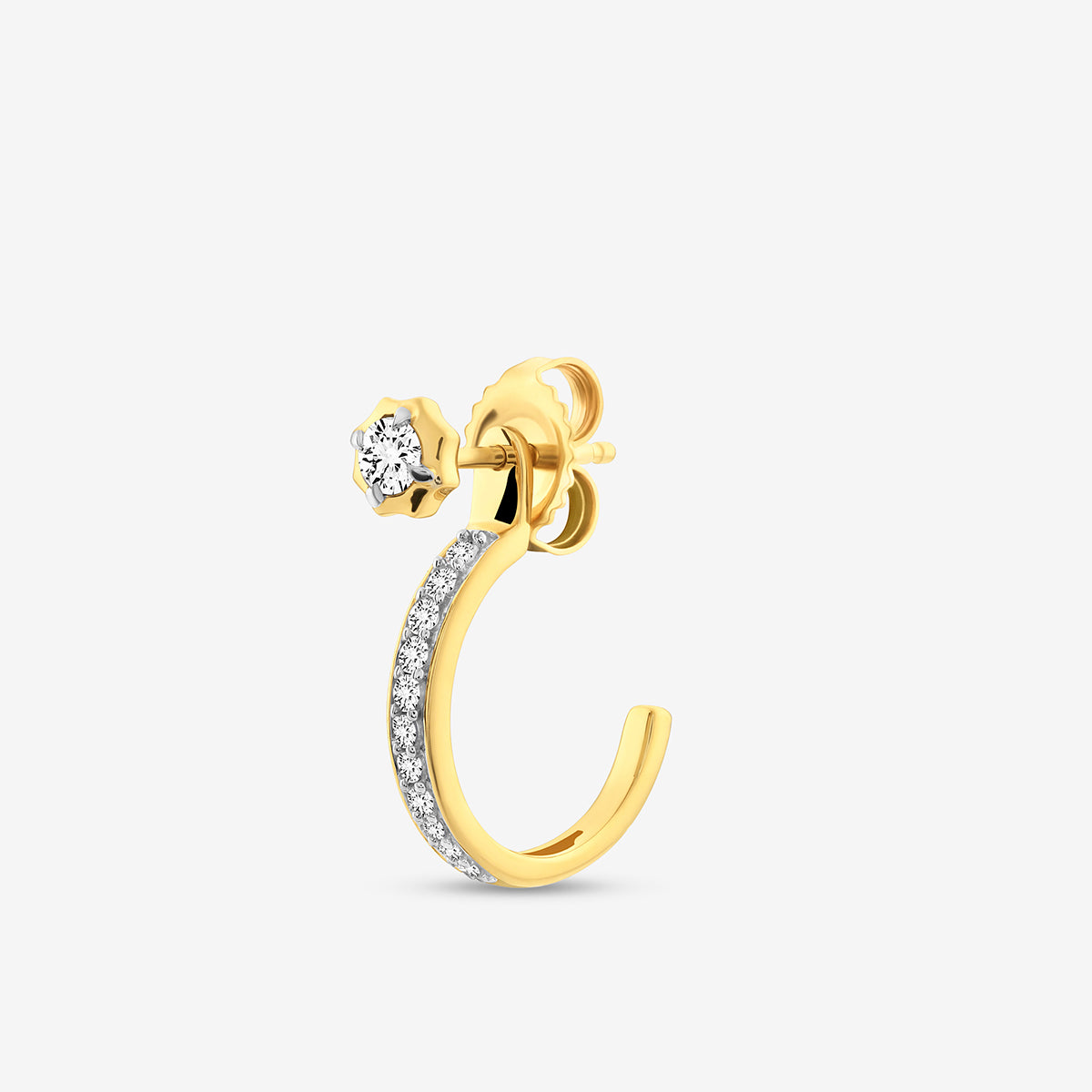 The AURA Dew Ear JACKETS by Keemti Jewels: gold hoop diamond drop earrings with a halo-set stud, on white background.