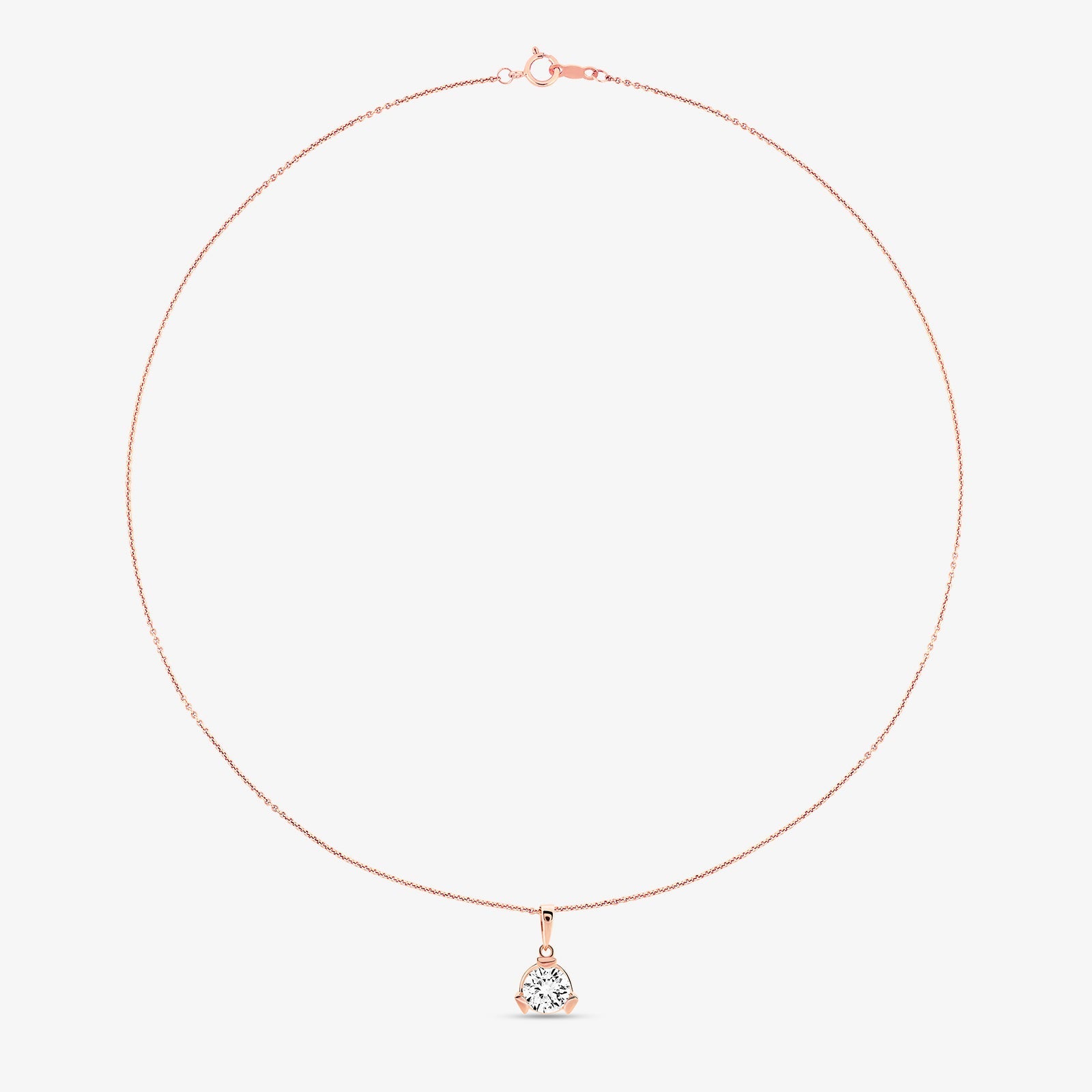 Round diamond pendant on rose-gold chain with small clasp at top