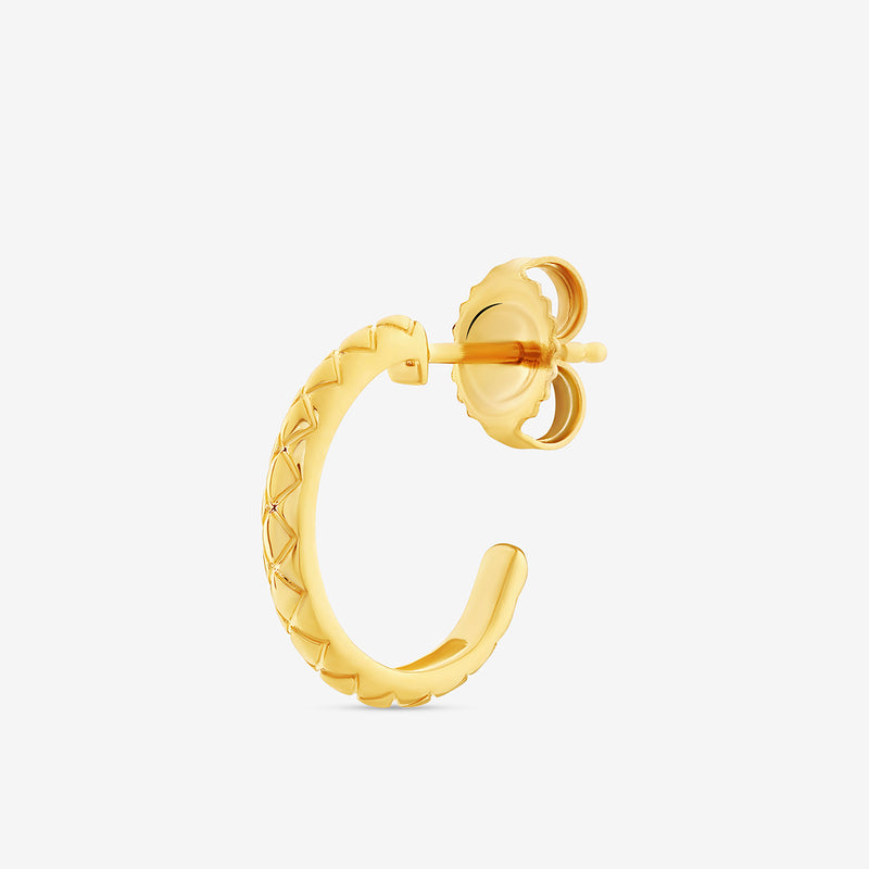 The AURA Light Hoop Earrings by Keemti Jewels feature a single contoured hoop with a stud back and zigzag engraving, elegantly displayed against a plain white background.