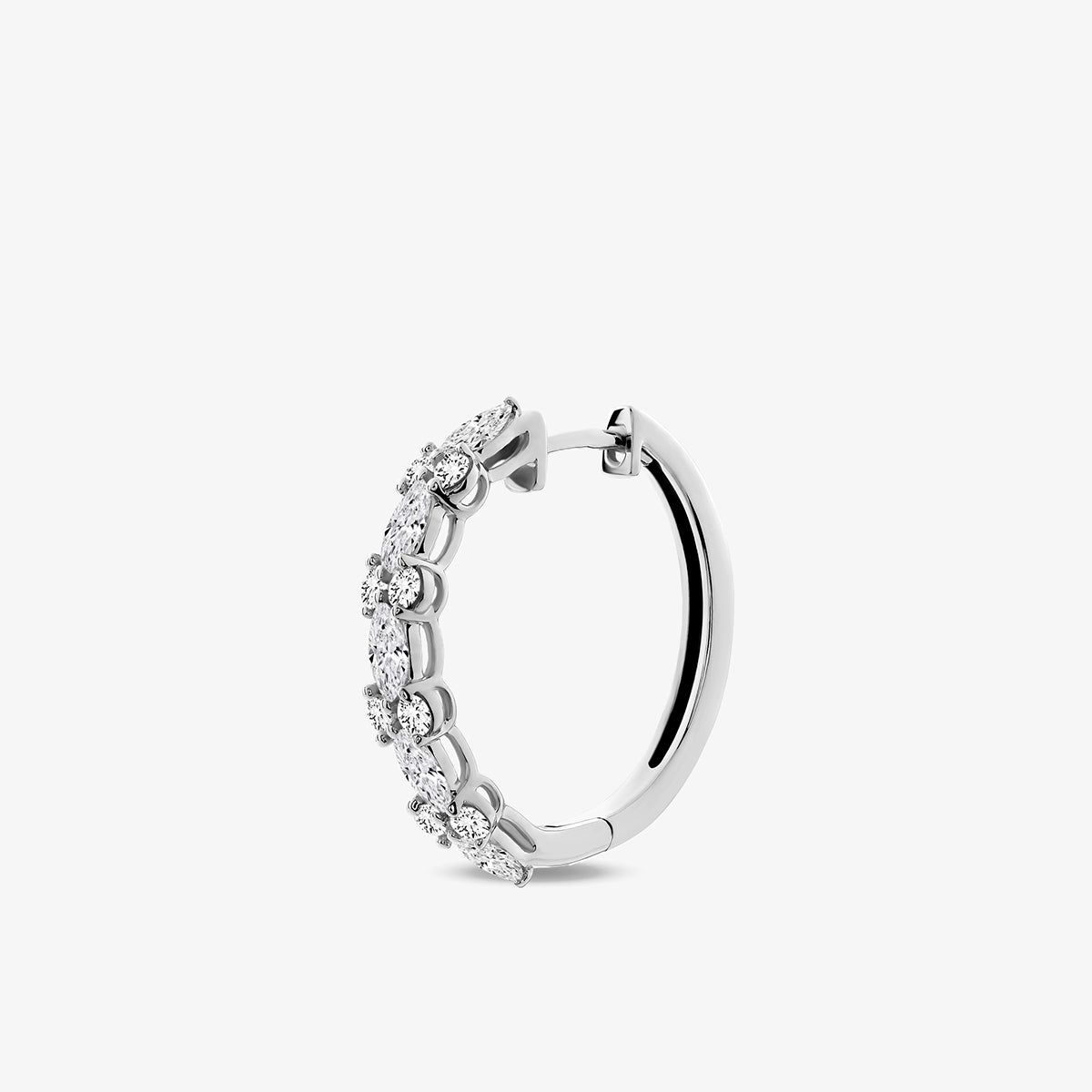 Keemti Jewels ELARA Shine Hoop Earrings feature a curved design with sparkling gemstones, shown on a white background.