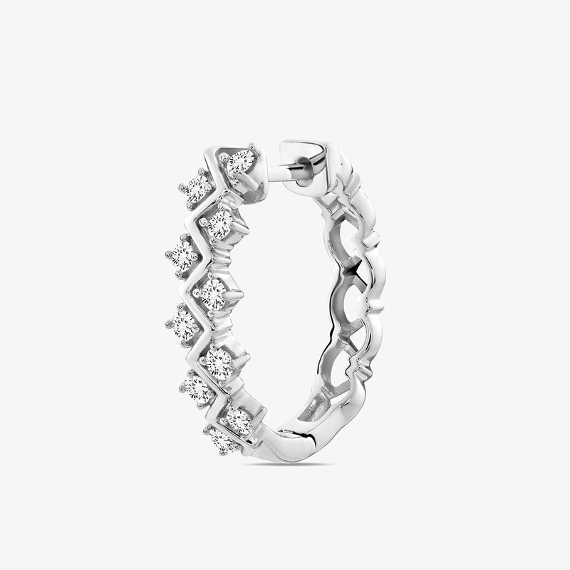 The ENTWINED Spark Hoop Earrings by Keemti Jewels feature a criss-cross design with round clear stones on the front.