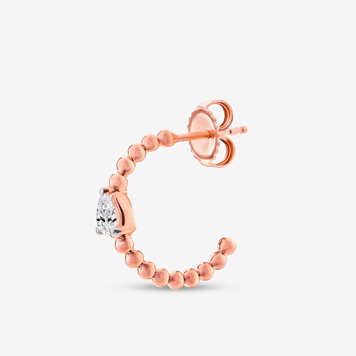 Pear hoop earring view from side: rose-gold bead band with pear-cut clear stone