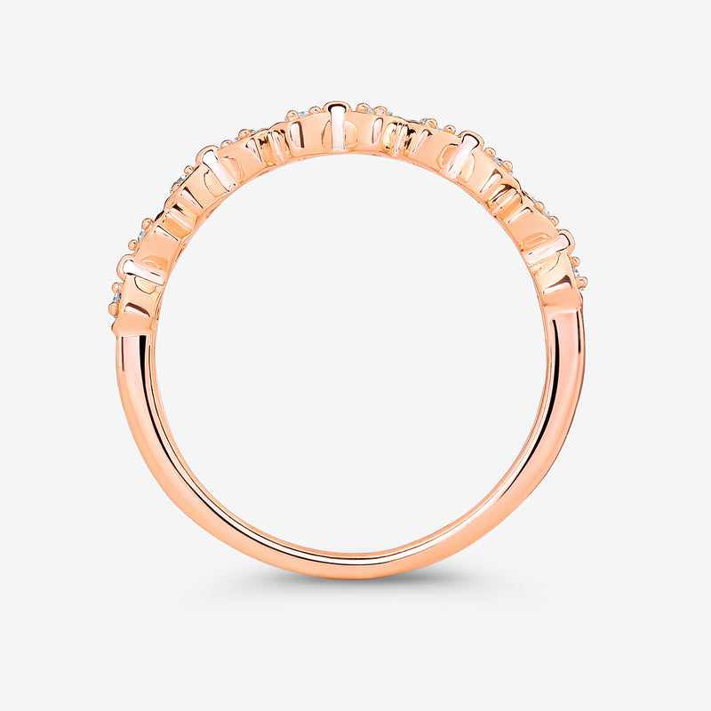 Rose-gold tone bow ring top view, marquise-cut stones in a scalloped band