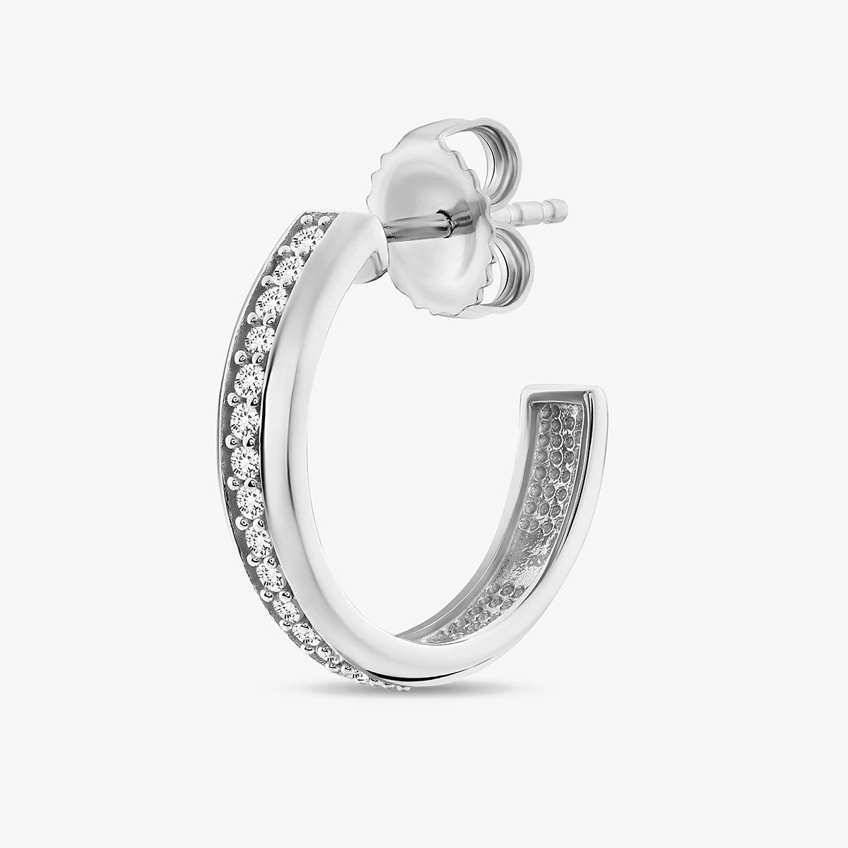MINIMAL arc hoop earring in Silver 925 with pavé stones around the curved hoop