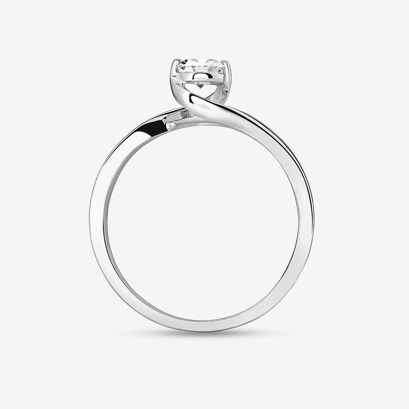 The Keemti Jewels RADIANT Swirl Ring is a silver promise ring with a single round diamond in a prong setting.