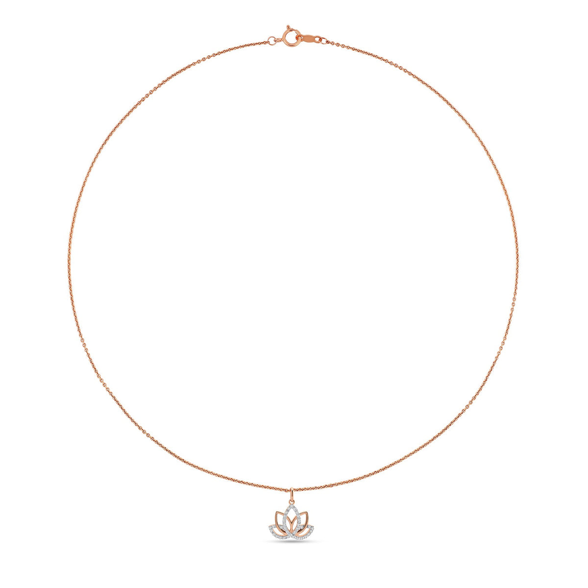 Rose-gold chain necklace with small lotus charm pendant at the center