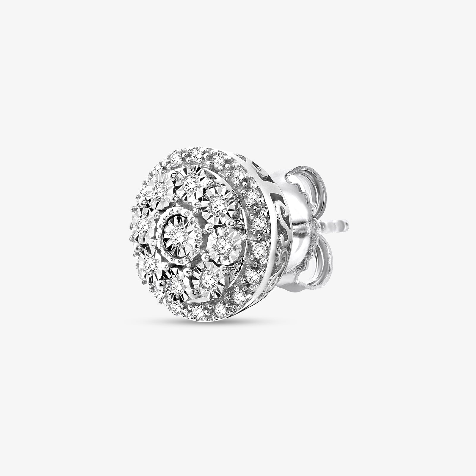 Bloom Stud Ohrringe, runde pavébesetzte Steinfassung, seitliche Ansicht