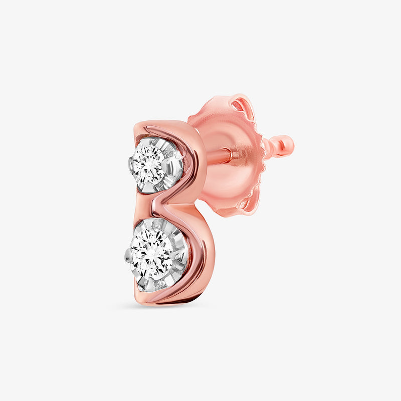 Rose-gold twin spark stud earrings with pin back; two round clear stones in curved settings