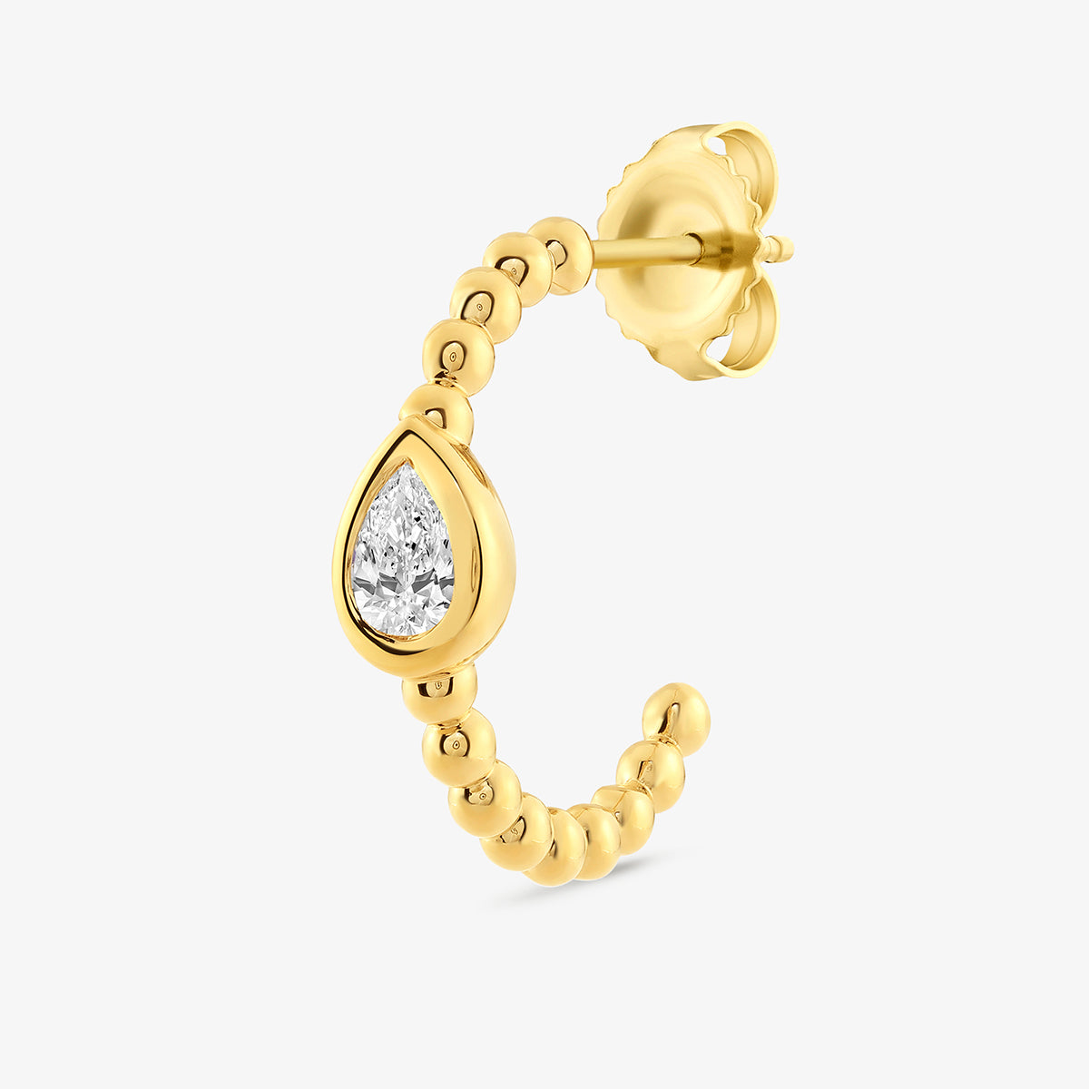 LUNA pear hoop earrings with gold finish and pear-shaped crystal drop on a hinged hoop