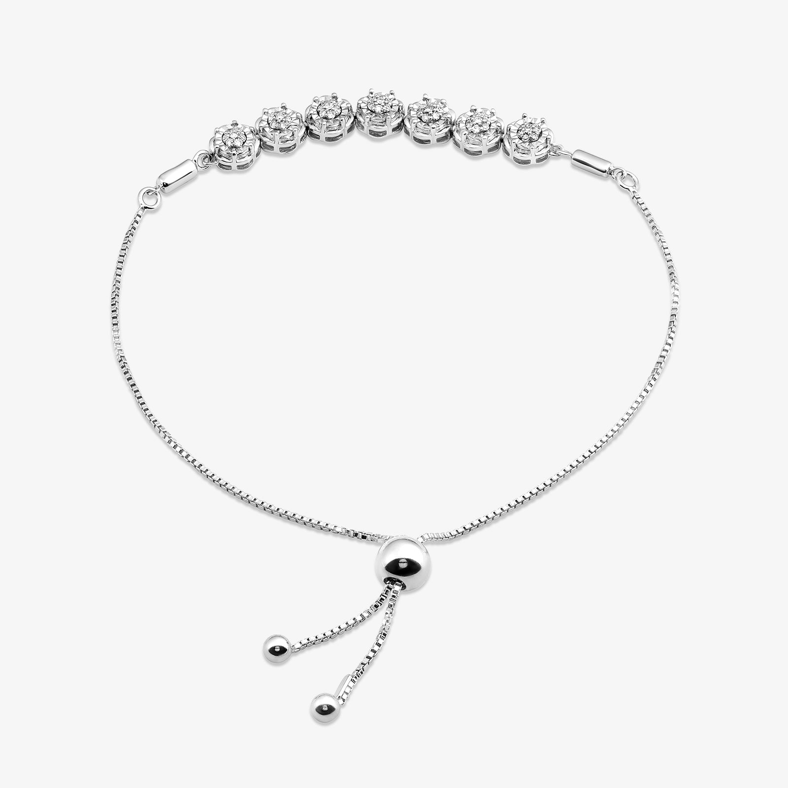Silver-tone bolo bracelet with central sphere and dangling end balls