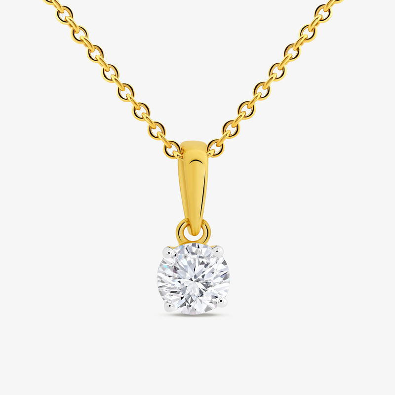 Keemti Jewels TIMELESS Round Solitaire NECKLET features a modern bail and solitaire pendant on white background.