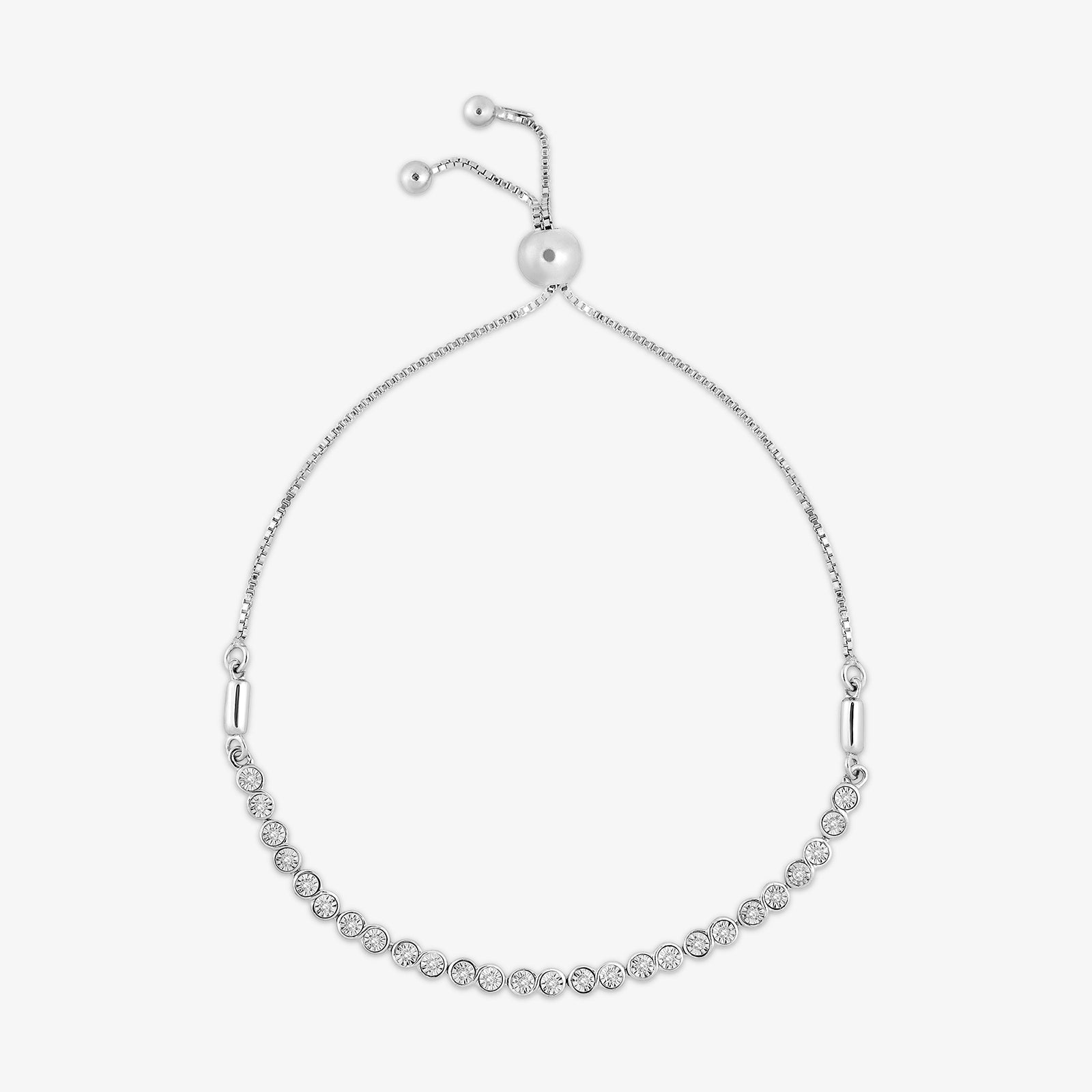 Eternity bolo bracelet with pavé stone row and silver bead adjuster, front view