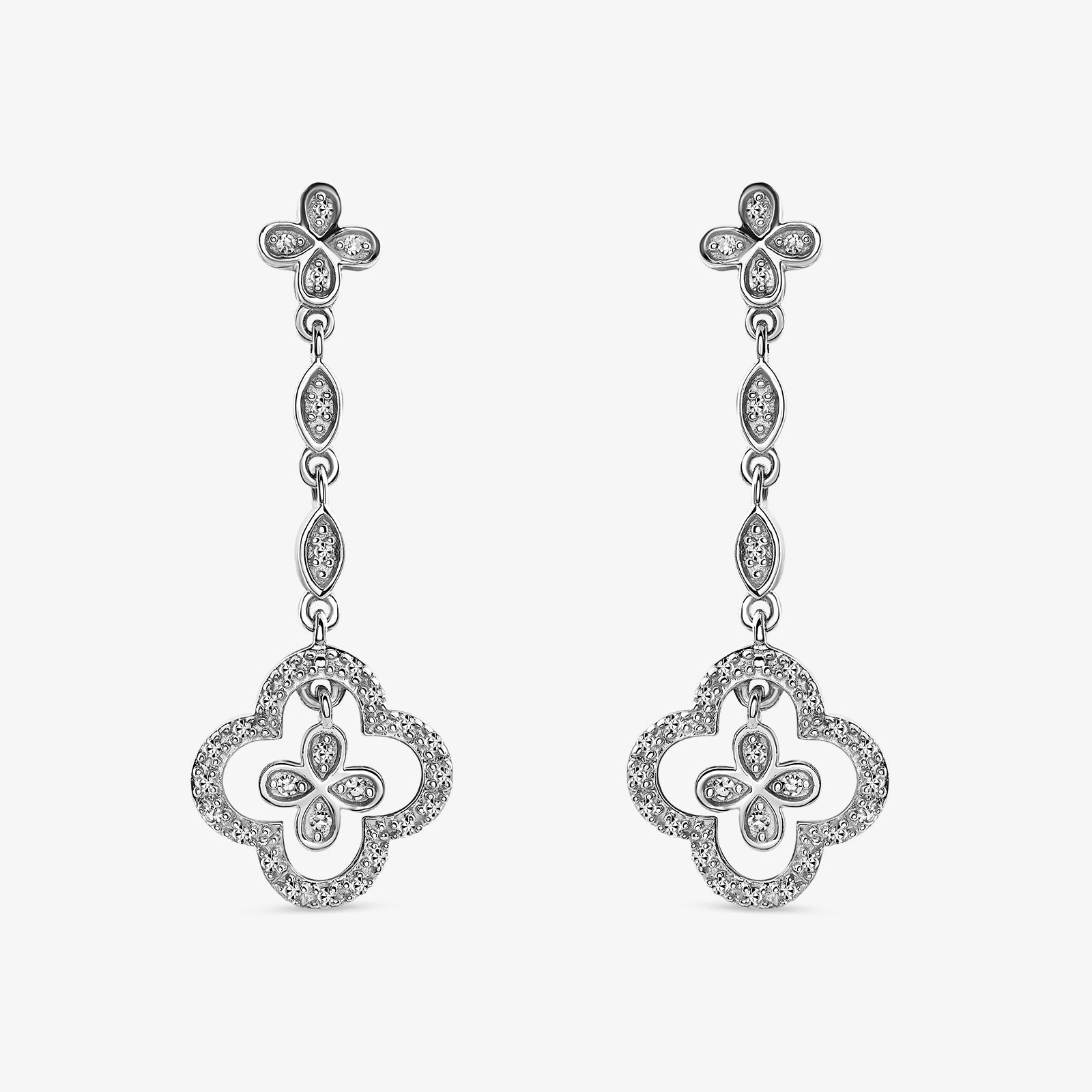 Silver 925 clover quatrefoil drop earrings with three oval stone dangles