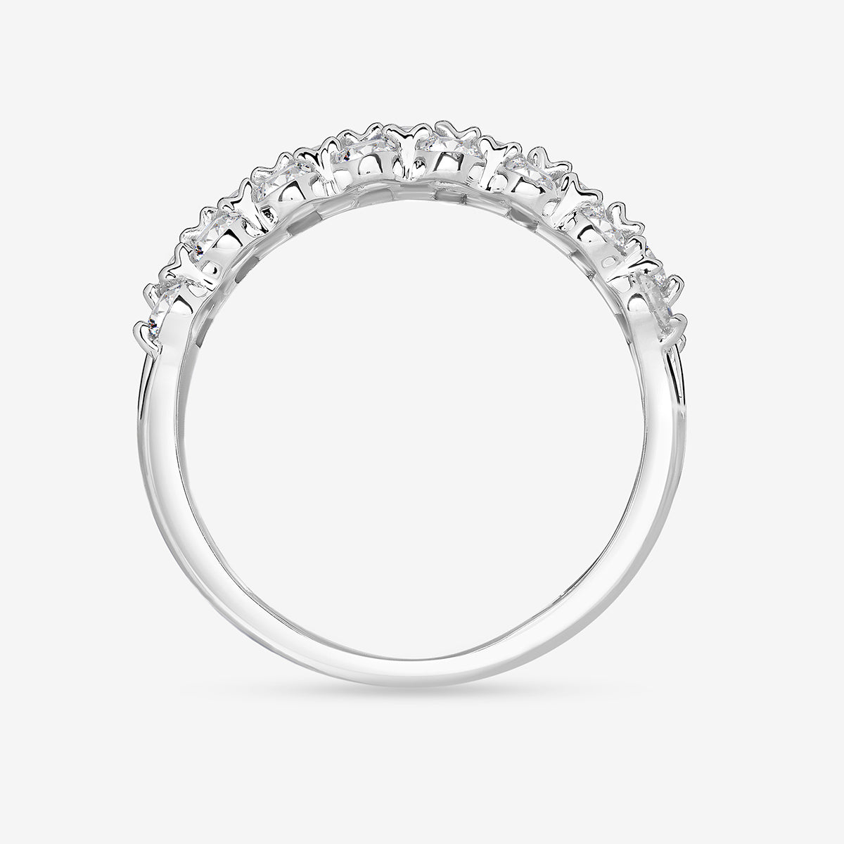 Triple-row diamond ring with round stones set in prongs around the band