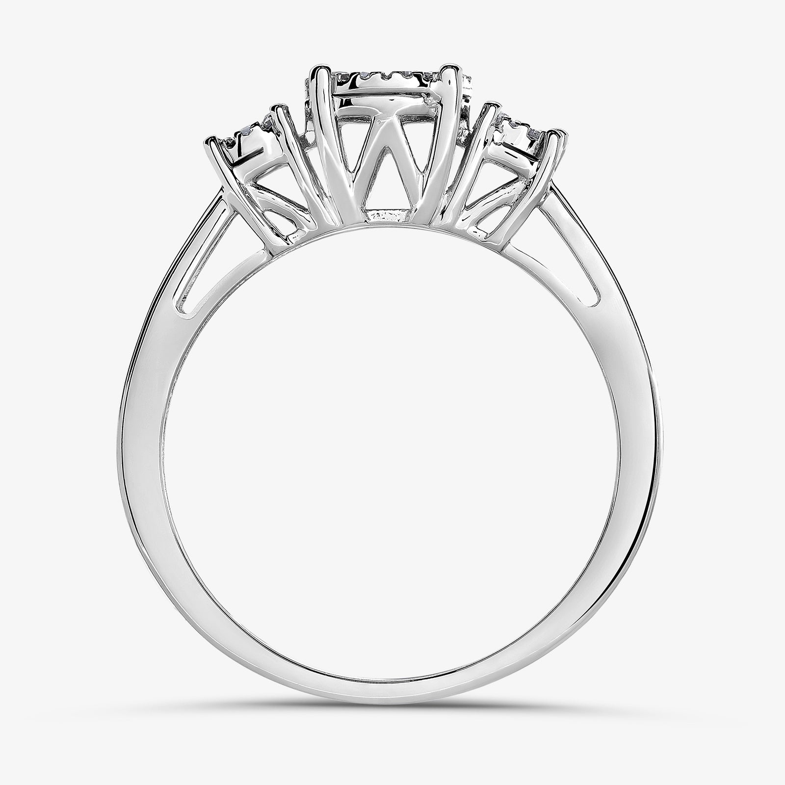 BLOSSOM Trinity ring profile view with prong-set round stone clusters