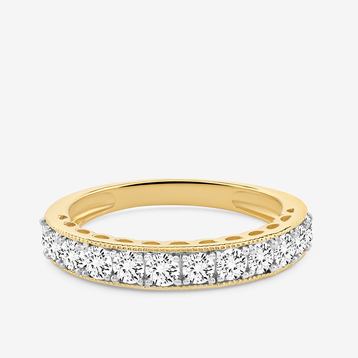Oval ring top view: clear stone pavé band with gold-tone inner bezel detail