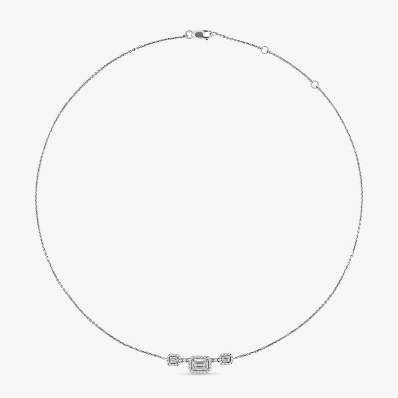 Silver-tone chain necklace with trio emerald-cut square stones and clasp detail