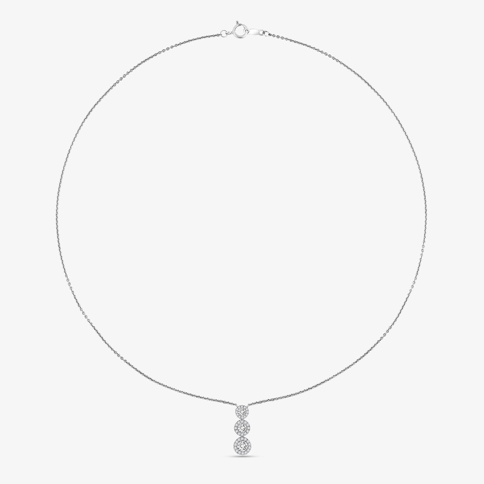 Fine silver chain necklace with three round halo stones at the center.