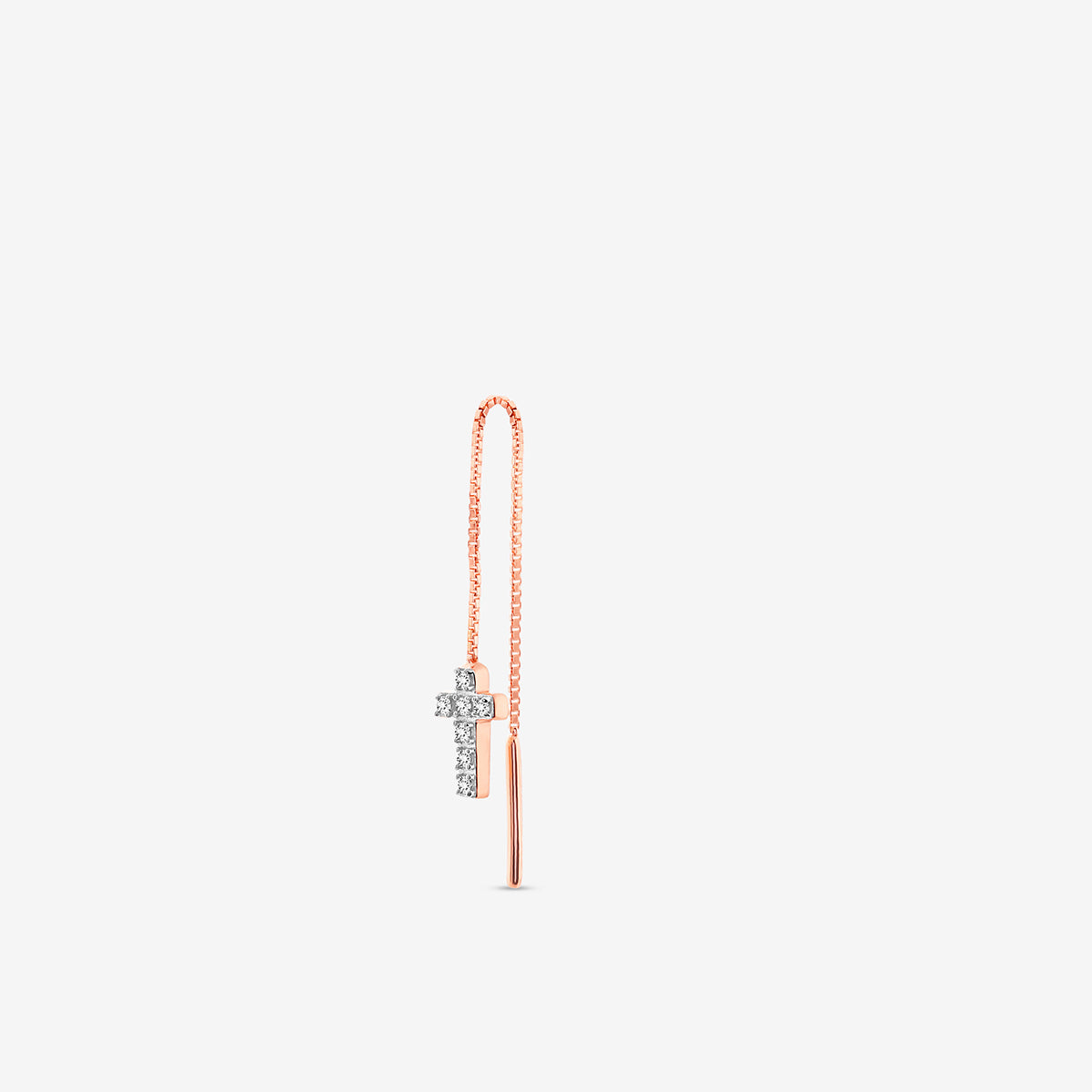 Keemti Jewels SACRED Cross Sui Dhaga Earrings in rose gold with clear stones, bar and cross charm on white background.