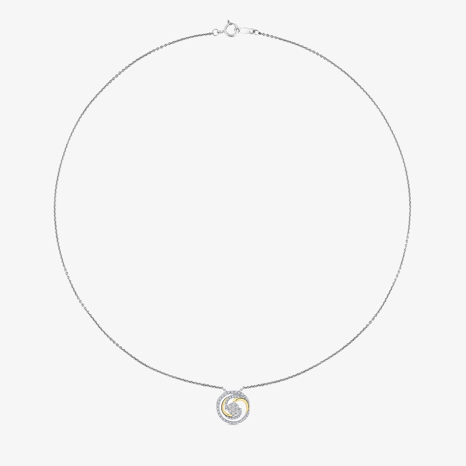 Silver chain necklet with small round swirl pendant and gold-toned inner ring