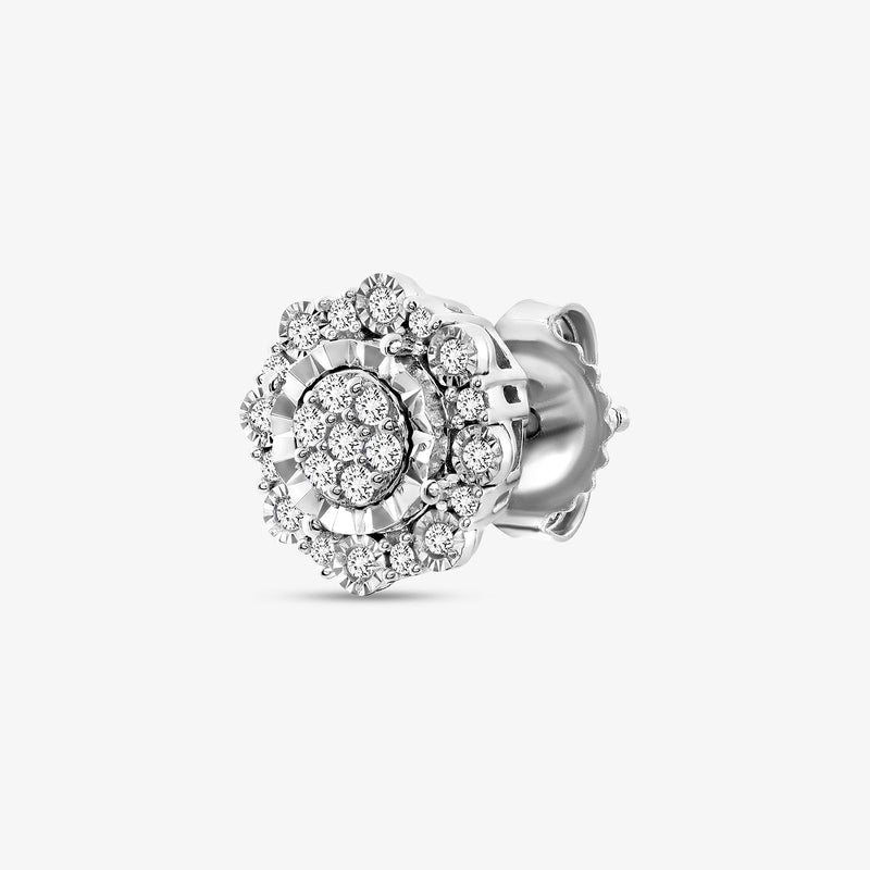 Silver-tone SNOWFLAKE Bloom stud earring, detailed back with round pavé cluster