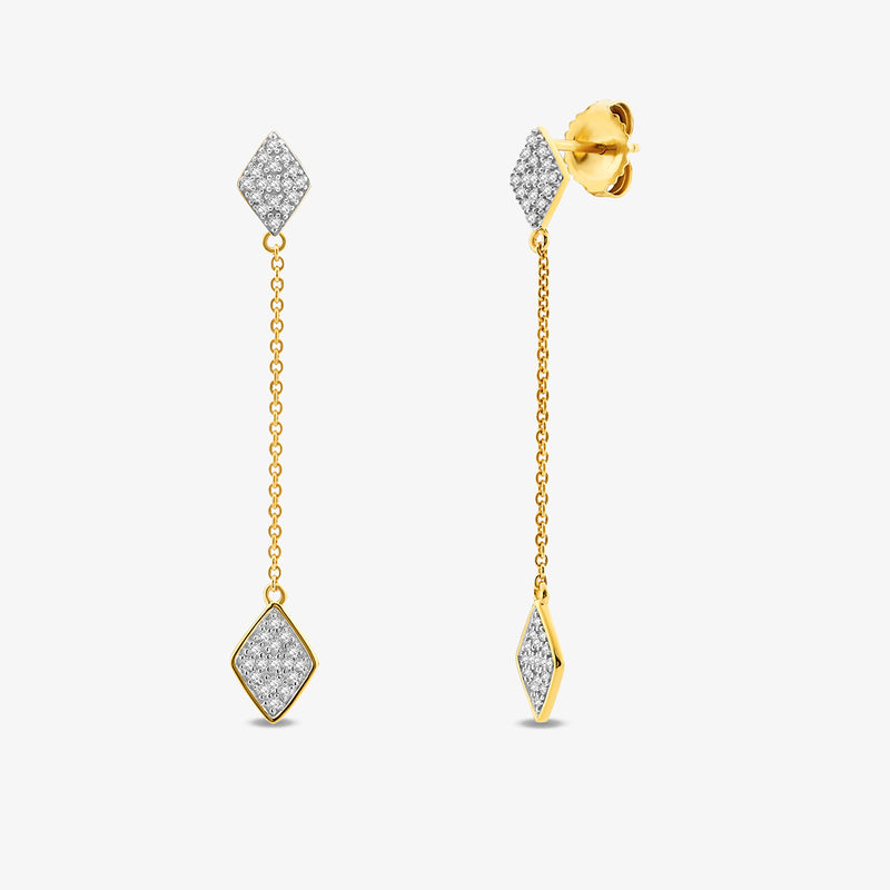 Keemti Jewels AMARA Square Dangler Earrings—geometric gold drop earrings with diamond motifs and a slim chain link.