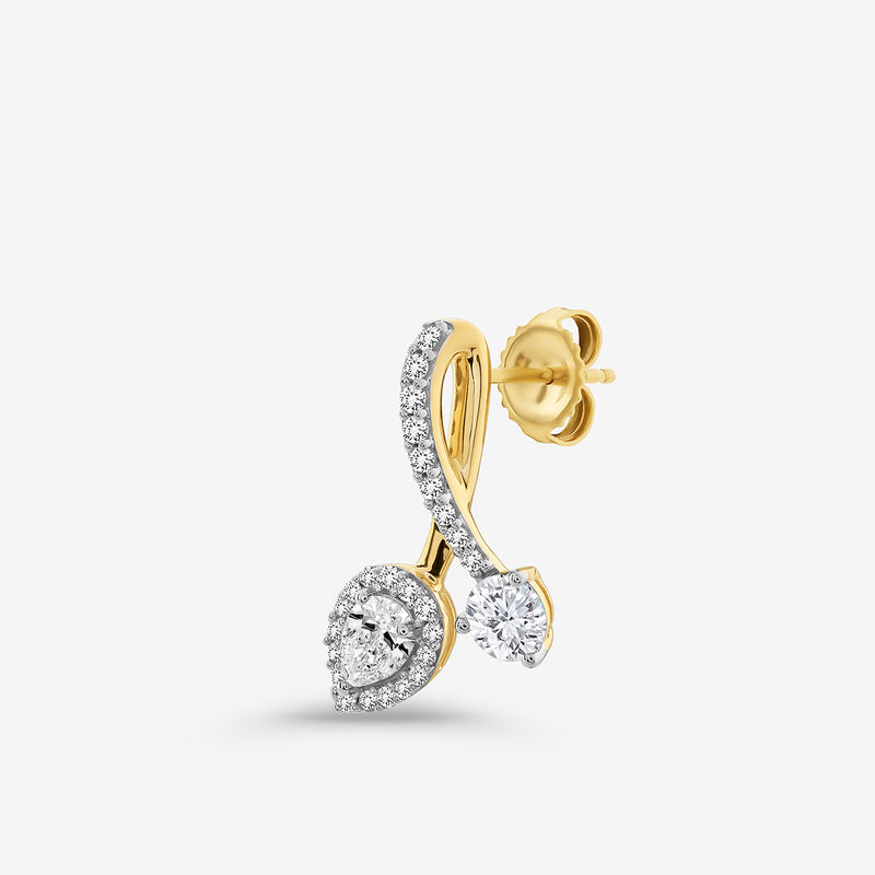 The AURORA Station Hoop Earrings by Keemti Jewels feature pear and round diamonds in a modern gold stud design.